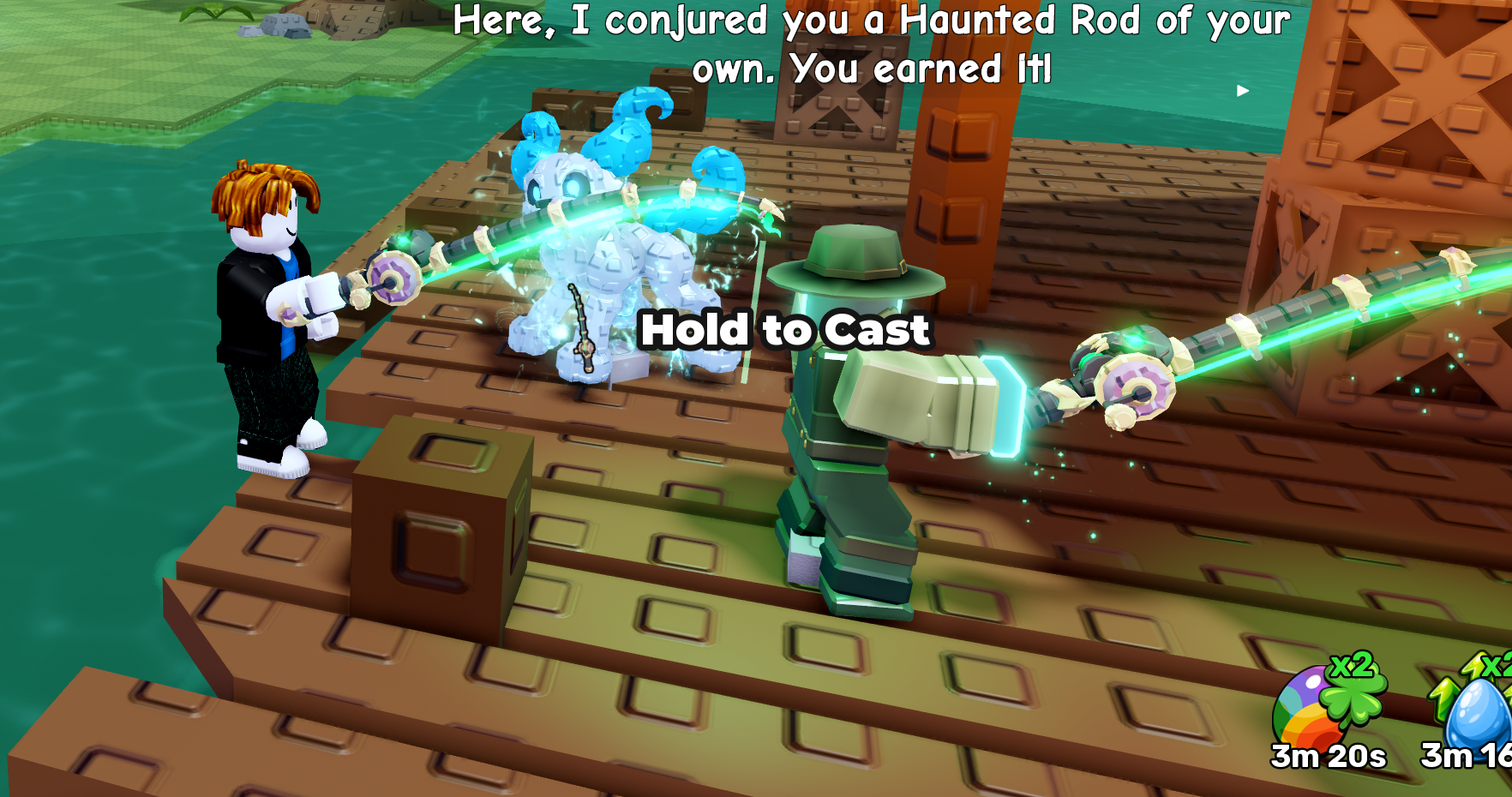 木の桟橋のアバターの上にHaunted Rodを渡すGhost Fishermanの会話とHold to Castの表示