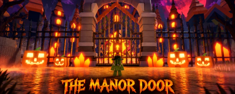 ภาพทางการฮาโลวีน Part 2 ของ Steal an Egg แสดงประตูรั้ว Abandoned Manor ฟักทองเรืองแสง และชื่อ The Manor Door
