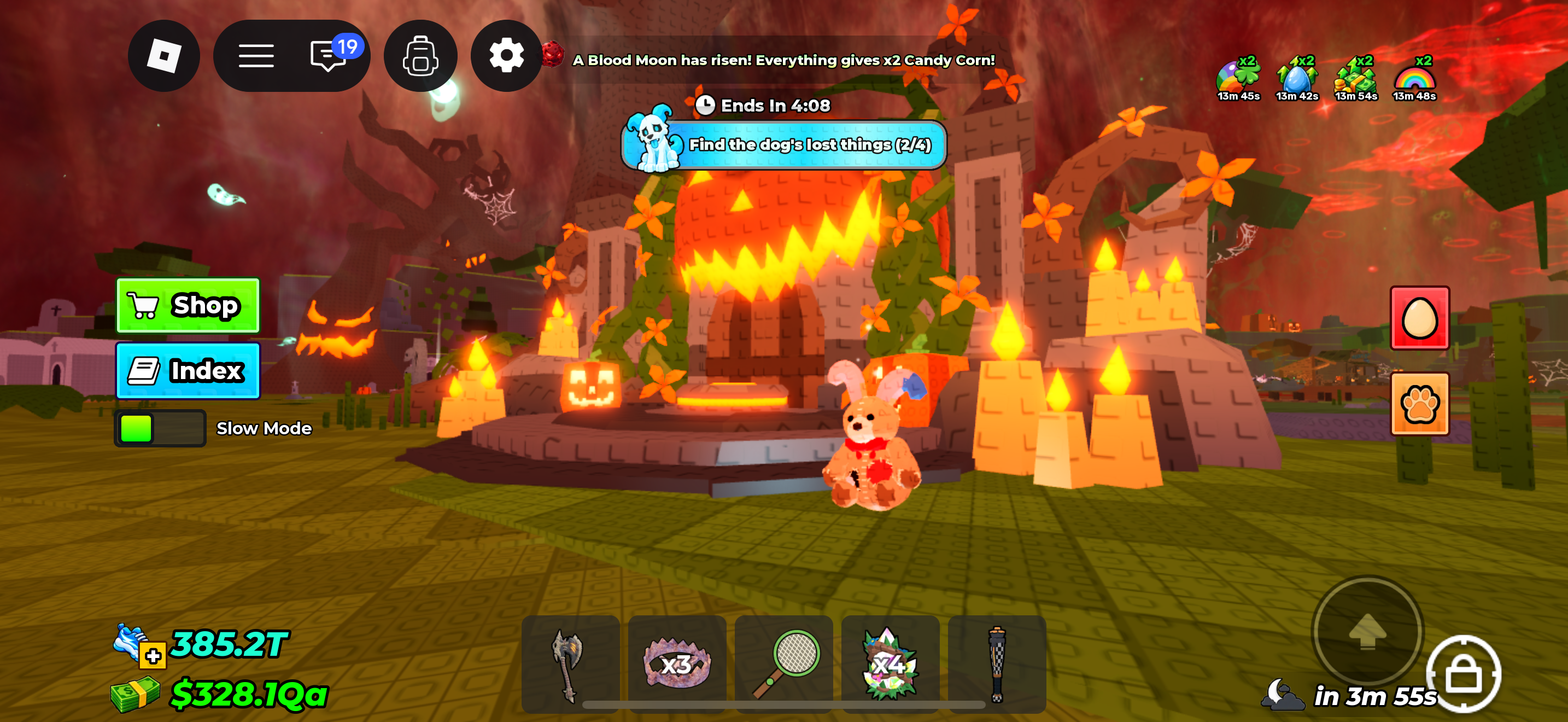 Dev balkabağı sunağı önünde oyuncak ayı ve çift Candy Corn bildiren Blood Moon yazısı.