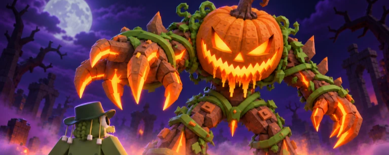 Capa do evento no Discord: outro enquadramento da mesma criatura gigante de abóbora e do jogador na arte de Halloween
