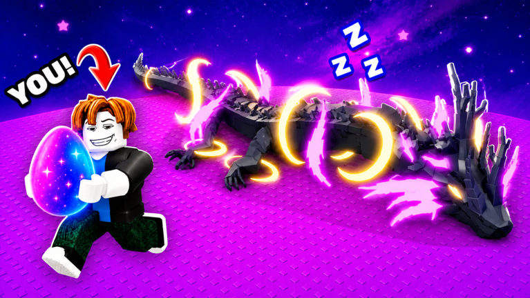 Arte oficial de Steal An Egg mostra jogador fugindo com ovo cósmico diante de um dragão