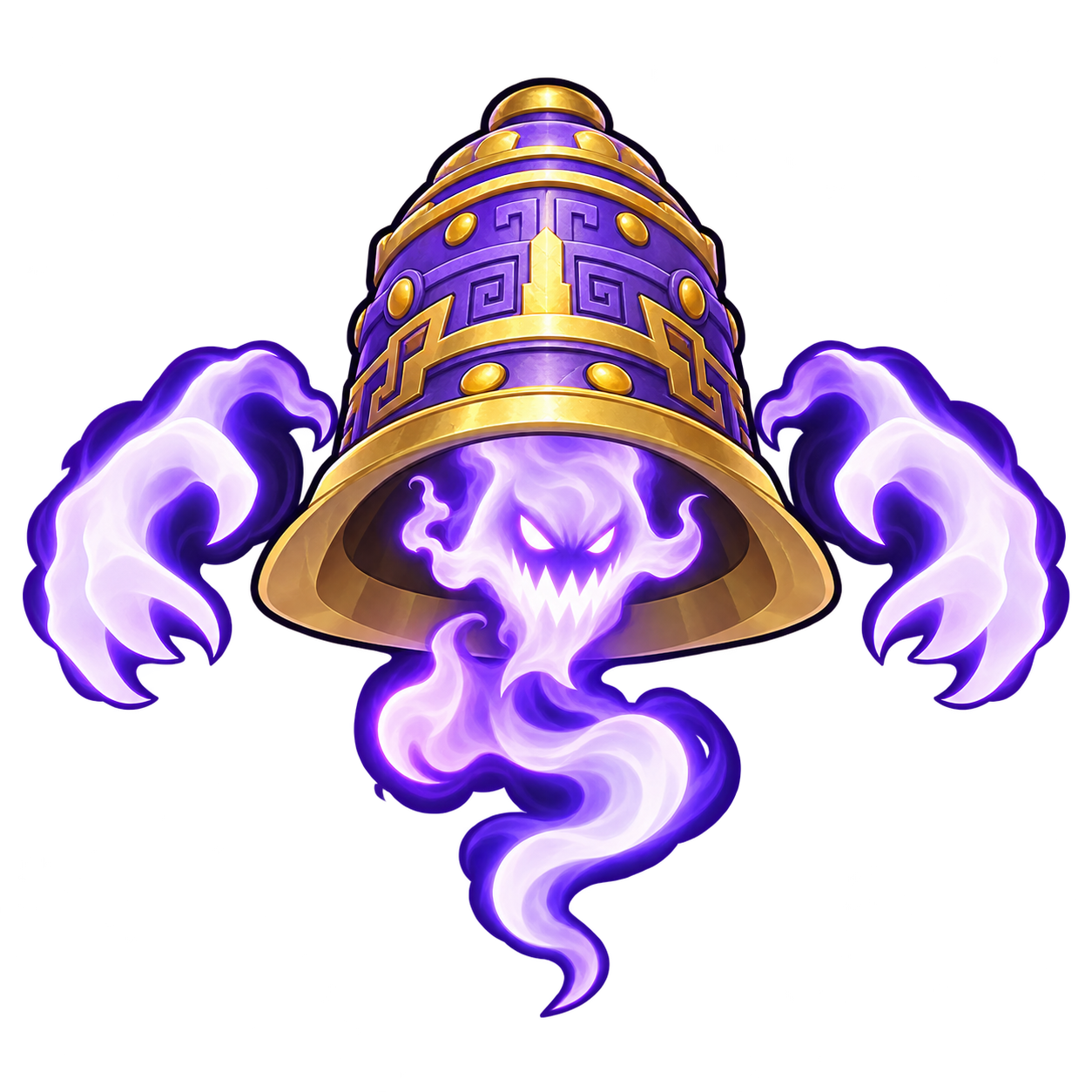 Bell Scream — campana adornada con fantasma morado y manos flotantes