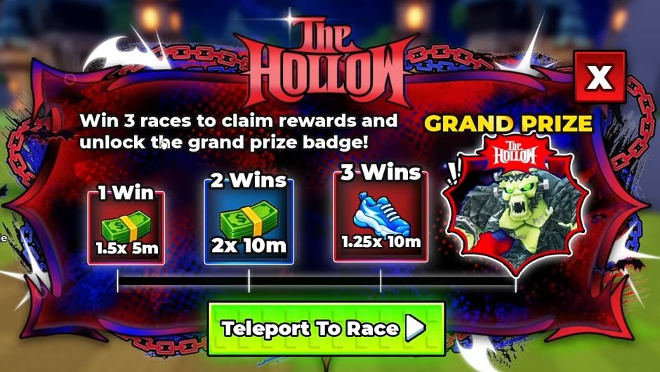 The Hollow 보상 패널에 Cash 1.5배 5분, Cash 2배 10분, Speed 1.25배 10분, Grand Prize Badge와 Teleport To Race가 표시된 화면.