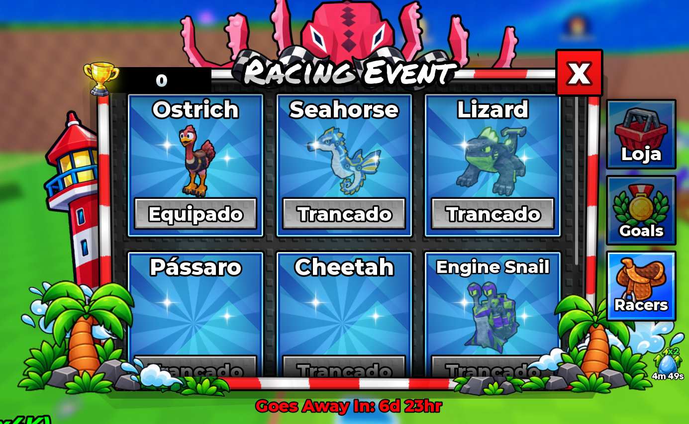Racers-Menü mit ausgerüstetem Ostrich und gesperrten weiteren Optionen