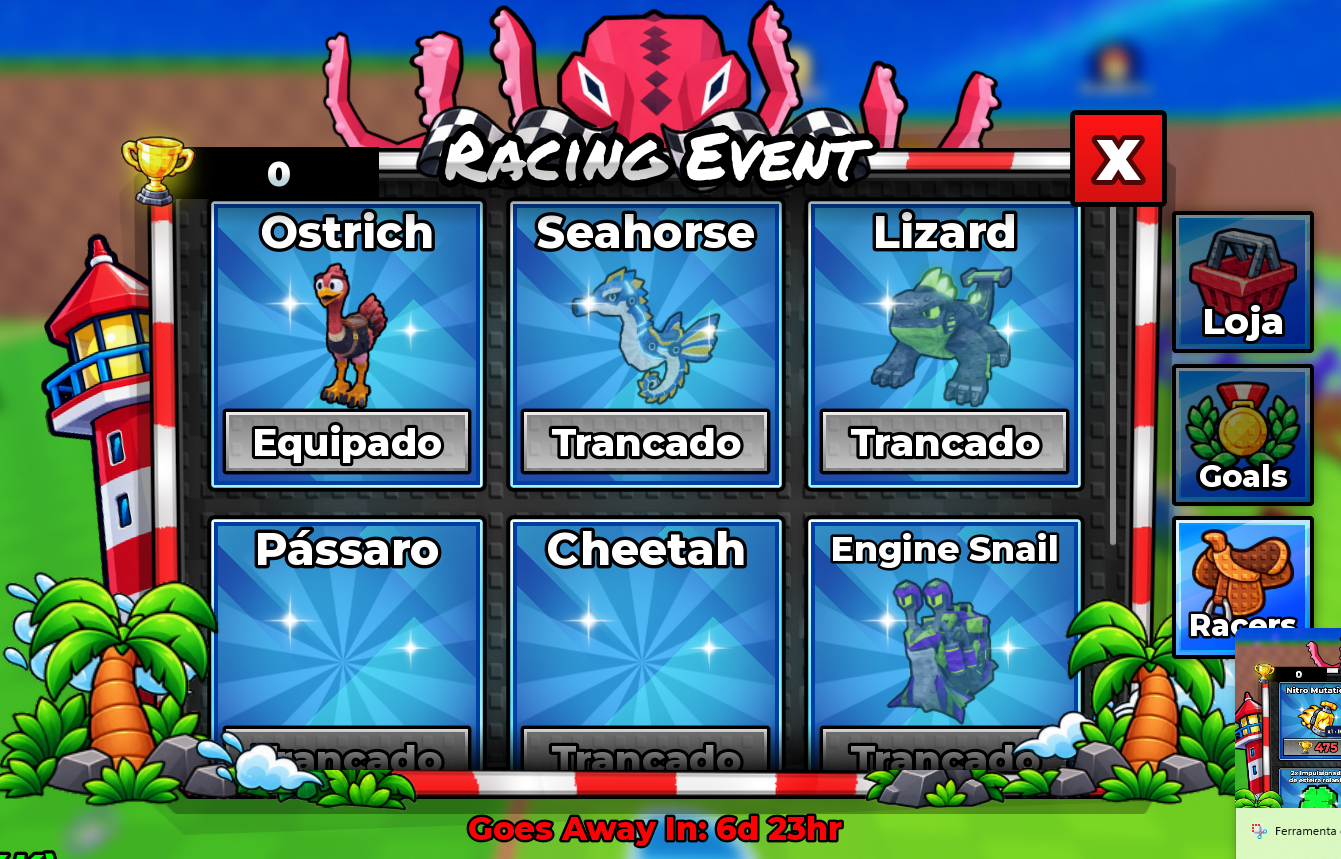 Racers-Menü mit sechs Reittieren und Event-Timer