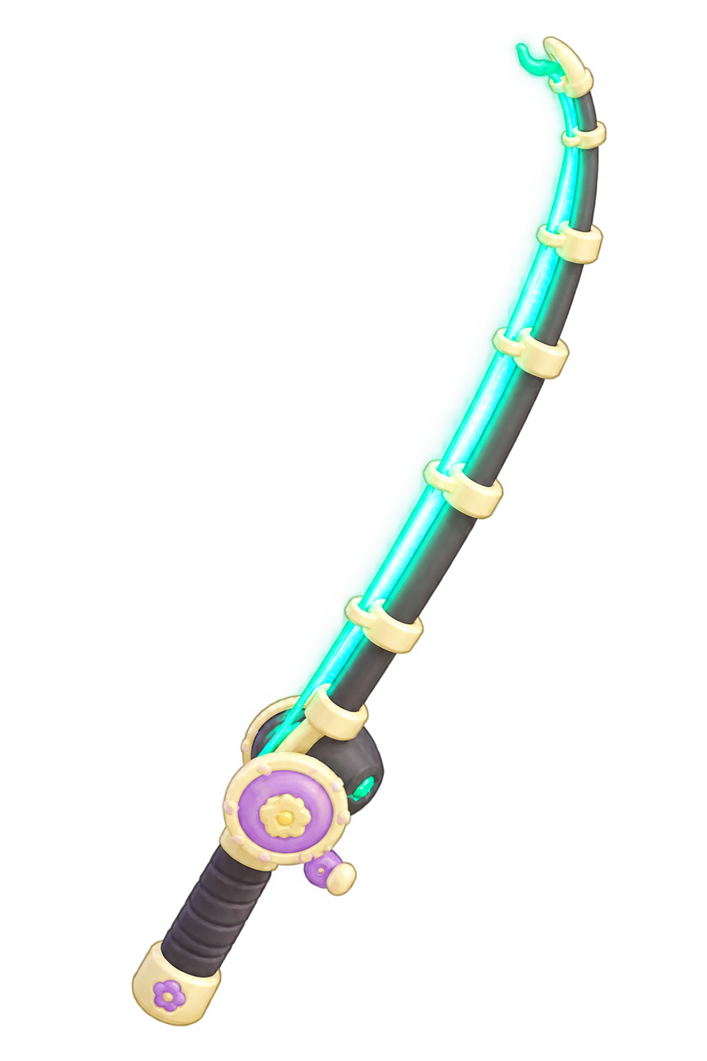 Illustration de Haunted Rod avec tige turquoise lumineuse, anneaux dorés et moulinet violet